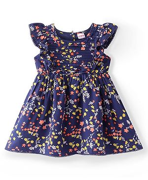 Babyhug Cotton Rayon Woven Frill Sleeves Floral Printed Frock - Navy