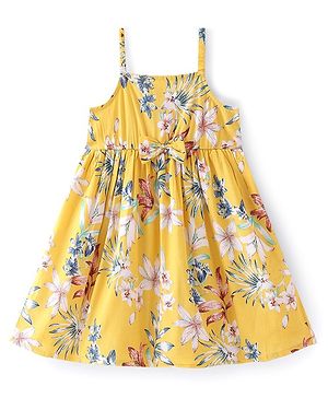 Babyhug Rayon Sleeveless Floral Printed A-Line Frock with Bow - Yellow