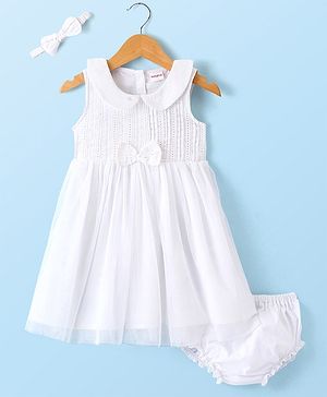 Babyhug Cambric Woven Sleeveless Frock with Headband & Lace Detailing Bow Applique - White