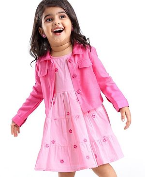 Babyhug 100% Cotton Cambric Frock With Full Sleeves Jacket Floral Print - Pink