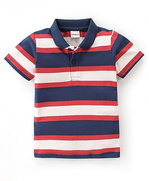 Babyhug 100% Cotton Knit Half Sleeves Polo T-Shirt With Stripes - Blue & Red