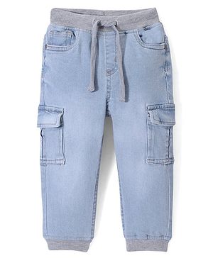 Babyhug Denim Washed Full Length Joggers with Stretch Solid Colour  - Blue
