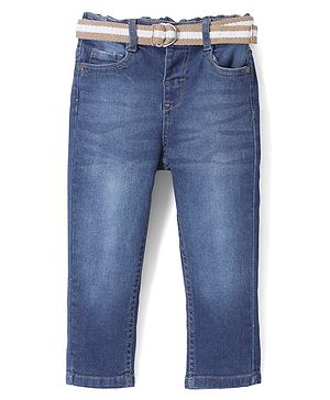 Babyhug Full Length With Stretch Denim Washed Jeans - Blue