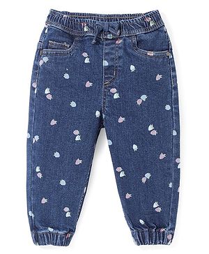 Babyhug Full Length Stretchable Denim Jogger Strawberry Print - Blue