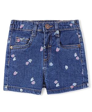 Babyhug Denim Mid Thigh Shorts With Strawberry Print - Blue