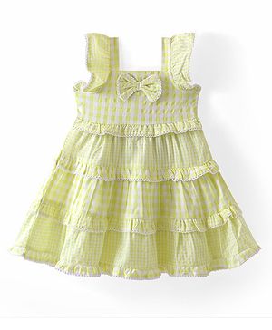 Babyhug Seer Sucker Woven Checked Tiered Sleeveless Frock Bow Applique - Yellow