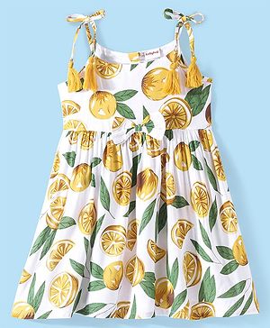 Babyhug Rayon Woven Singlet Sleeves Frock With Lemon Print - White & Yellow
