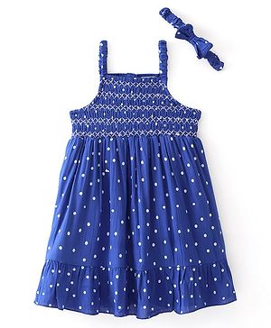 Babyhug Rayon Sleeveless Singlet Frock with Headband Polka Dot Print - Blue