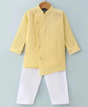 Dapper Dudes Full Sleeves Floral Embroidered Kurta With Pyjama - Lemon