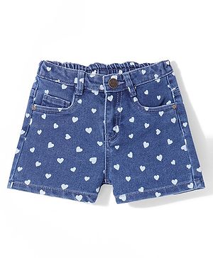 Babyhug Mid Thigh Length Stretchable Denim Shorts Hearts Print - Dark Blue