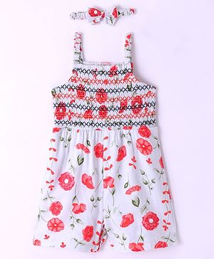 Babyhug Rayon Sleeveless Jumpsuit with Smocking Detailing Floral Print - Multicolour