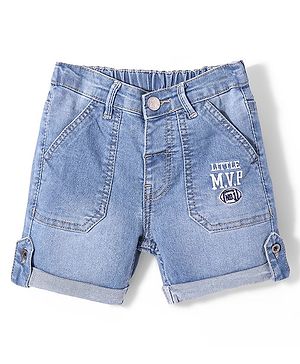 Babyhug Denim Text  Embroidered Stretchable Shorts - Blue