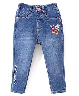 Babyhug Denim Full Length with Stretch Washed Jeans With Floral Embroidery- Blue