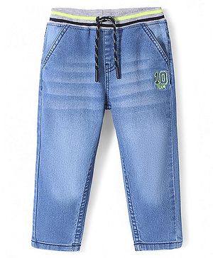 Babyhug Denim Full Length With Stretch Joggers Number Embroidery - Blue