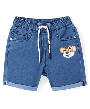 Babyhug Mid Thigh Stretchable Shorts with Tiger Patch - Blue