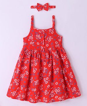 Babyhug Seer Sucker Woven Singlet Sleeves Floral Printed Frock with Headband - Red