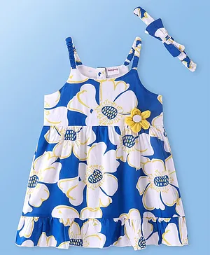 Babyhug Viscose Woven Sleeveless Frock with Head Band Floral Print - Blue & White
