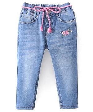 Babyhug Denim  Full Length with Stretch Washed Jeans With Floral Applique - Blue