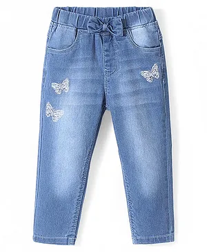 Babyhug Denim Full Length With Stretch Jeggings Butterfly Embroidery - Blue