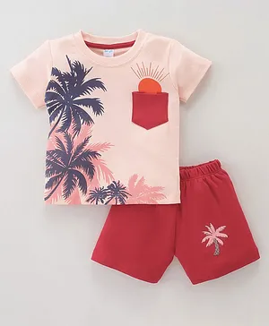 Tango Cotton Interlock Knit Half Sleeves T-Shirt & Shorts Set Palm Tree Print - Peach