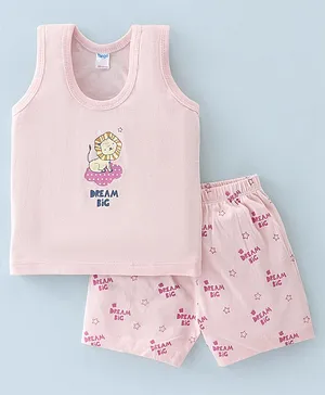 Taeko Single Jersey Knit Sleeveless T-Shirt & Shorts With Lion Print -Pink