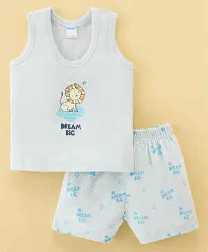 Taeko Single Jersey Knit Sleeveless T-Shirt & Shorts With Lion Print -Aqua Blue
