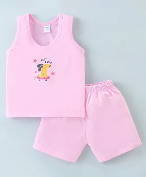 Tango Single Jersey Sleeveless T-Shirt & Shorts With Puppy Print - Pink