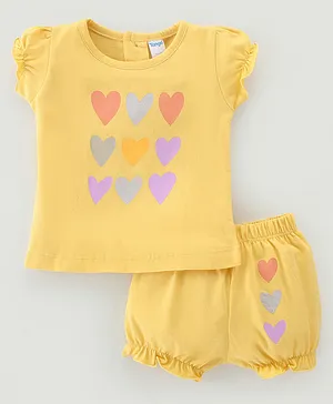 Tango Single Jersey Half Sleeves Top & Shorts With Heart Print - Yellow