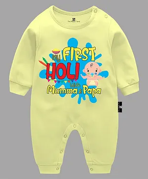 The Peppy Tend Holi Theme Full Sleeves My First Holi With Mumma & Papa Text Printed Romper - Yellow