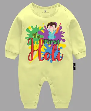 The Peppy Tend Holi Theme Full Sleeves My First Holi Text Printed Romper - Yellow