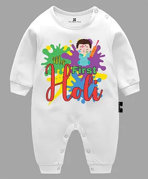 The Peppy Tend Holi Theme Full Sleeves My First Holi Text Printed Romper - White
