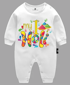 The Peppy Tend Holi Theme Full Sleeves My First Holi Text Printed Romper - White