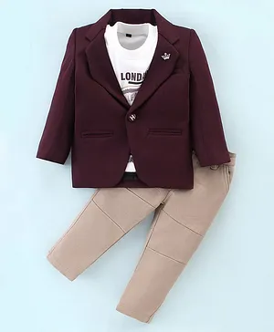 Dapper Dudes Full Sleeves Solid Blazer With Californian Text Printed Tee & Pant  - Wine