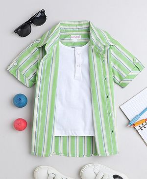 Taffykids Cotton Half Sleeves Striped Shirt With Attached Tee - Green