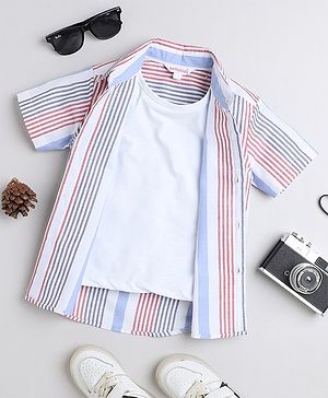 Taffykids Cotton Half Sleeves Striped Shirt With Attached Tee - White