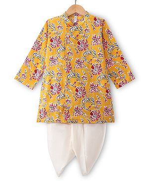 Babyhug Cotton Woven Full Sleeves Kurta & Dhoti Set With Summer Print & Potli Buttons - Yellow & White
