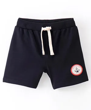 Ollypop Cotton Knit Above Knee Length Text Embroidered Shorts - Navy Blue
