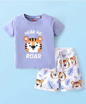 Babyhug 100% Cotton Knit Single Jersey Half Sleeves T-Shirt & Shorts With Tiger Print - Blue & White