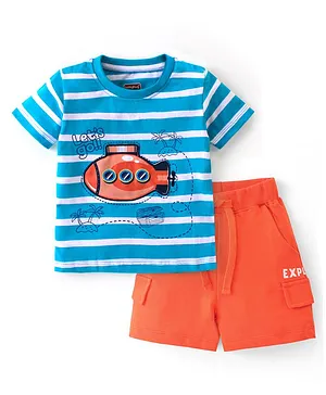 Babyhug 100% Cotton Knit Single Jersey Half Sleeves T-Shirt & Shorts With Submarine Print - Blue & Orange