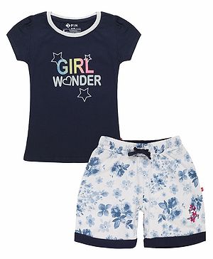 3PIN Cotton Jersey Half Sleeves Girl Wonder Text Printed Comfortable Breathable Tee Shorts Set - Navy Blue