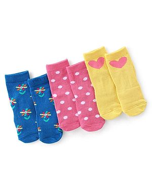 Cute Walk By Babyhug Non Terry Knit Anti-Bacterial Ankle Length Socks Floral Design Pack Of 3 - Blue Pink & Yellow