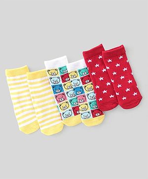 Cute Walk By Babyhug Non Terry Knit Anti-Bacterial Ankle Length Socks Stripes & Bear Design Pack Of 3 - White Red & Yellow