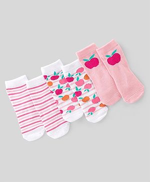 Cute Walk By Babyhug Non Terry Knit Anti-Bacterial Ankle Length Socks Stripes & Apple Design Pack Of 3 - Pink & White