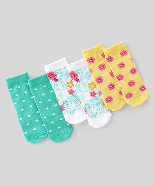 Cute Walk By Babyhug Anti-Bacterial Ankle Length Socks Floral & Dot Design Pack Of 3 - Multicolour
