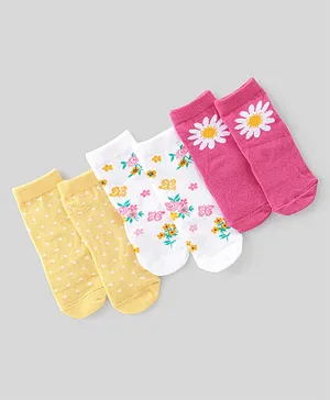 Cute Walk By Babyhug Anti-Bacterial Ankle Length Socks Floral & Polka  Dot Design Pack Of 3 - Pink Yellow & White