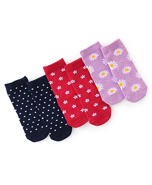Cute Walk By Babyhug Anti-Bacterial Ankle Length Socks Floral & Polka Dot Design Pack Of 3 - Navy Blue Red & Purple