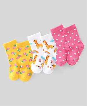 Cute Walk By Babyhug Anti-Bacterial Ankle Length Socks Floral & Giraffe Design Pack Of 3 - Pink White & Yellow