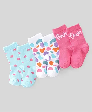 Cute Walk By Babyhug Anti-Bacterial Ankle Length Socks Text & Heart Design Pack Of 3 - Pink White & Blue