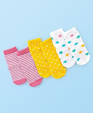 Cute Walk by Babyhug Anti Bacterial Ankle Length Socks Striped Polka Dot & Star Design Pack of 3 - Pink Yellow & White