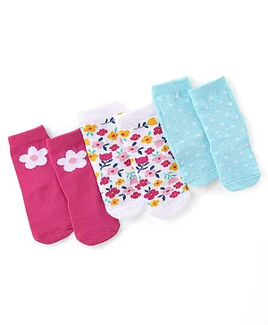 Cute Walk by Babyhug Anti Bacterial Ankle Length Socks Floral Design Pack Of 3 - Multicolour